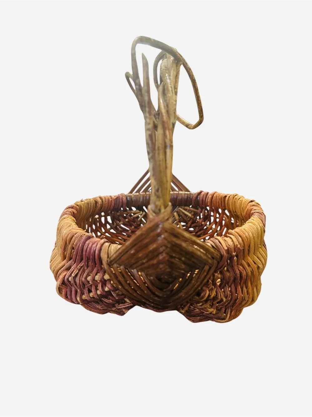 vintage French wicker foraging butt basket, a unique, twisted vine handle. 9X6X8